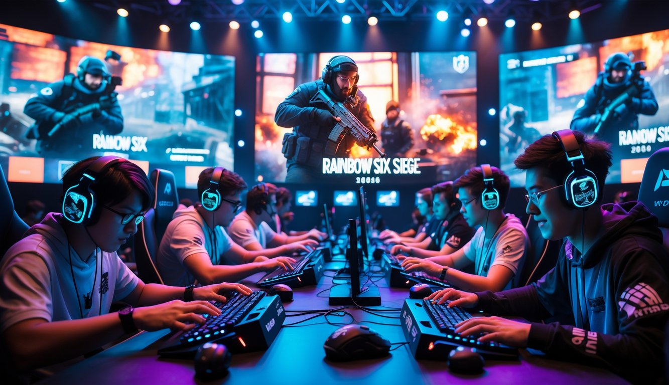 Suasana kompetisi game Rainbow Six Siege 2026 dengan pemain fokus bermain di arena esports yang penuh semangat dan penonton yang antusias.