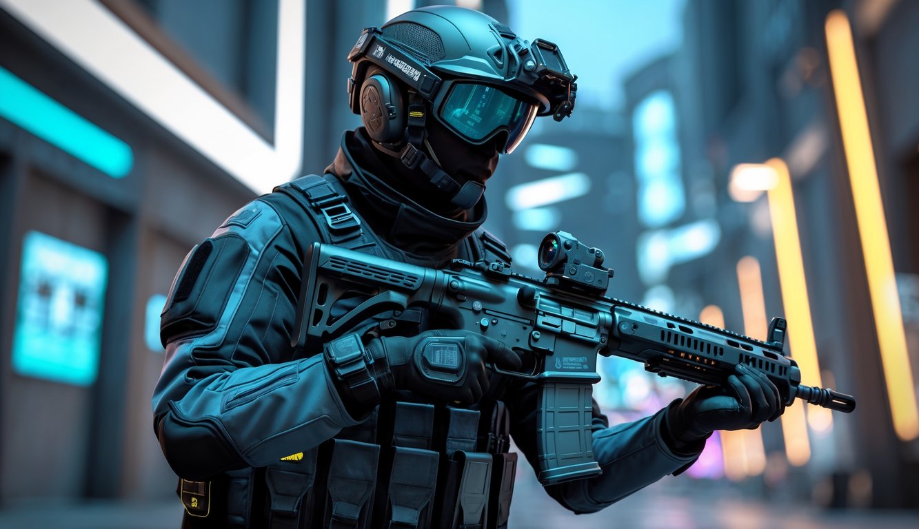 Seorang operator taktis futuristik dengan perlengkapan tempur canggih berdiri di lingkungan kota berteknologi tinggi pada senja hari.
