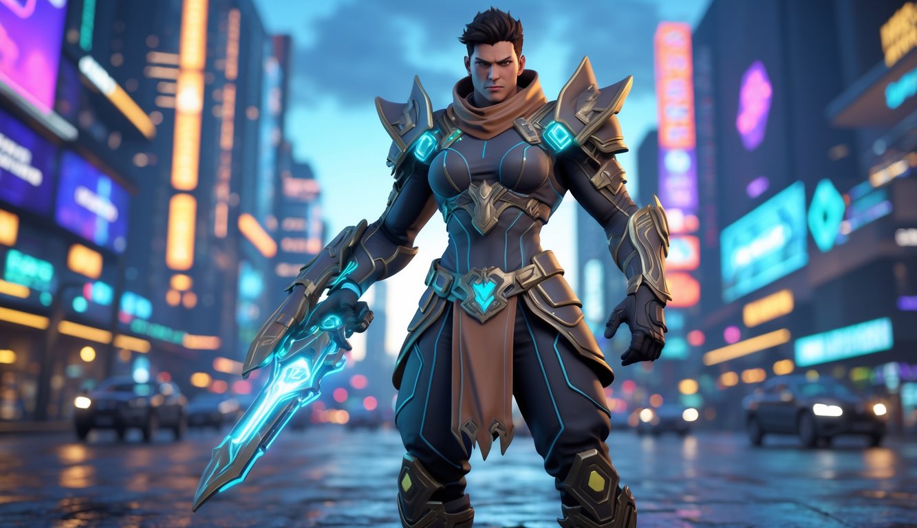 Seorang pahlawan kuat berdiri di tengah medan pertempuran kota futuristik dengan latar belakang gedung pencakar langit dan cahaya neon.