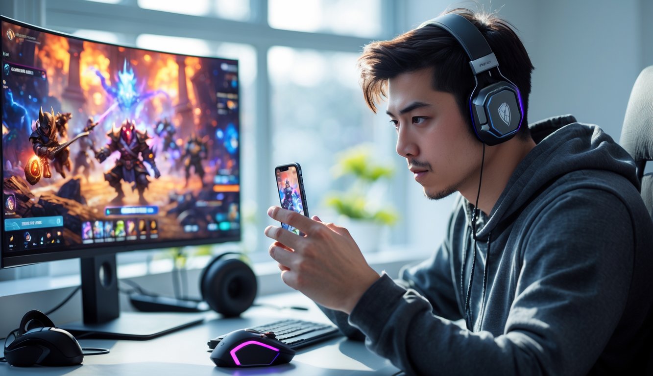 Seorang pria muda sedang bermain game di ponsel di meja dengan aksesori gaming di ruangan terang.