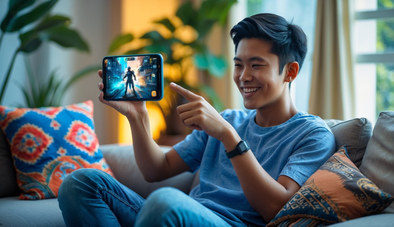 Seorang pria muda Indonesia sedang bermain game di ponsel di ruang tamu yang nyaman.