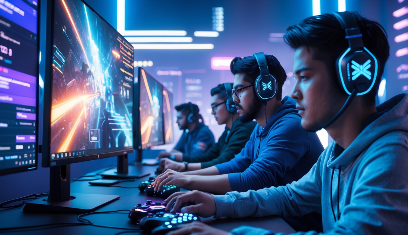Beberapa pemain game sedang fokus bermain di depan layar komputer dengan tampilan permainan futuristik dan pencahayaan biru ungu.