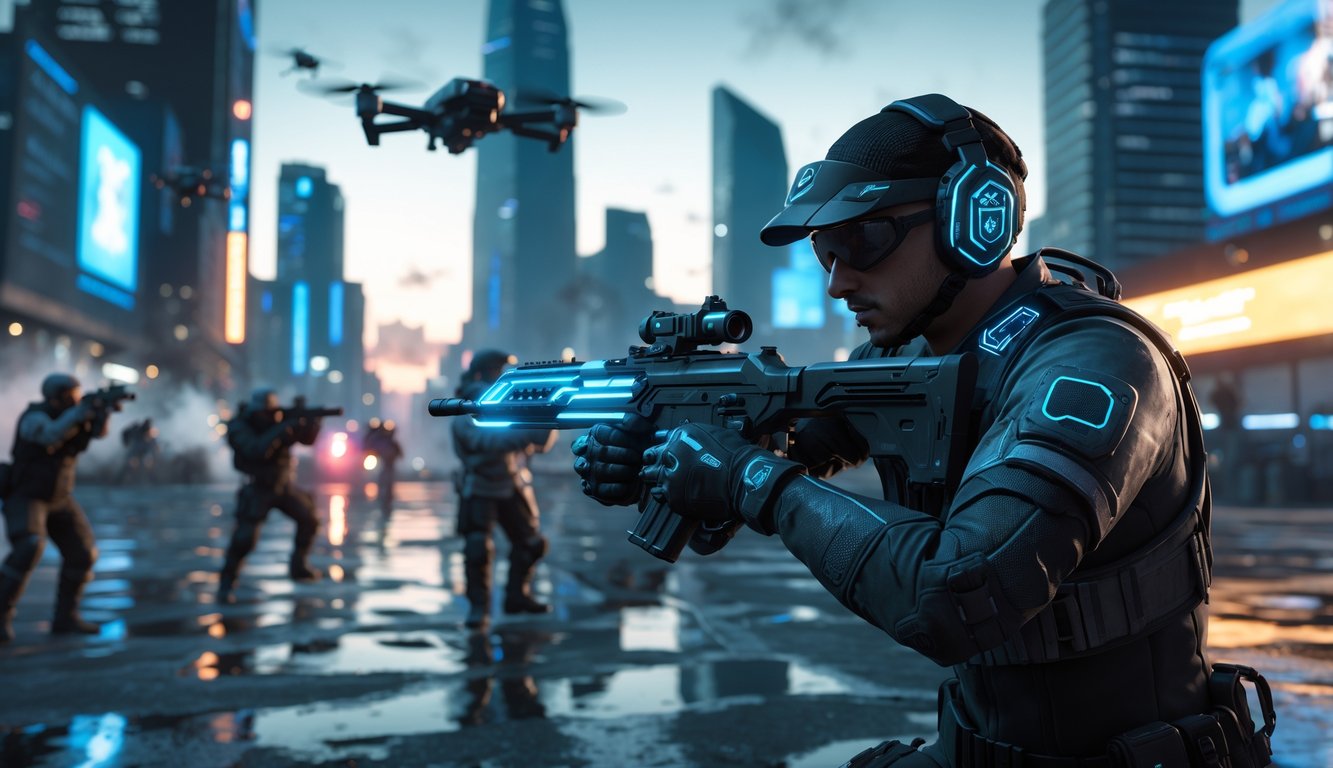 Seorang pemain dengan perlengkapan taktis modern sedang menembak di medan perang kota futuristik yang penuh lampu neon dan gedung tinggi.