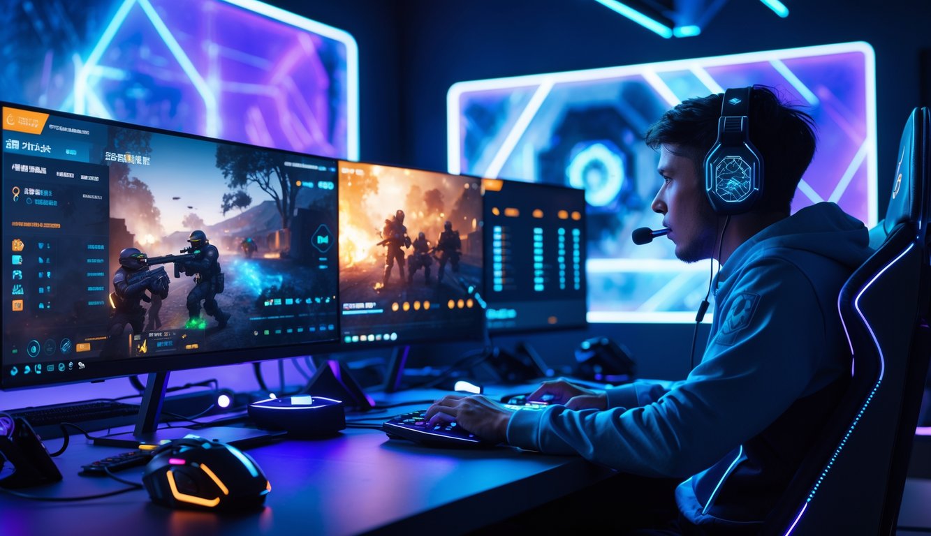 Seorang pemain game sedang fokus bermain dengan layar komputer menampilkan grafis permainan dan sistem peringkat di ruangan dengan pencahayaan neon.