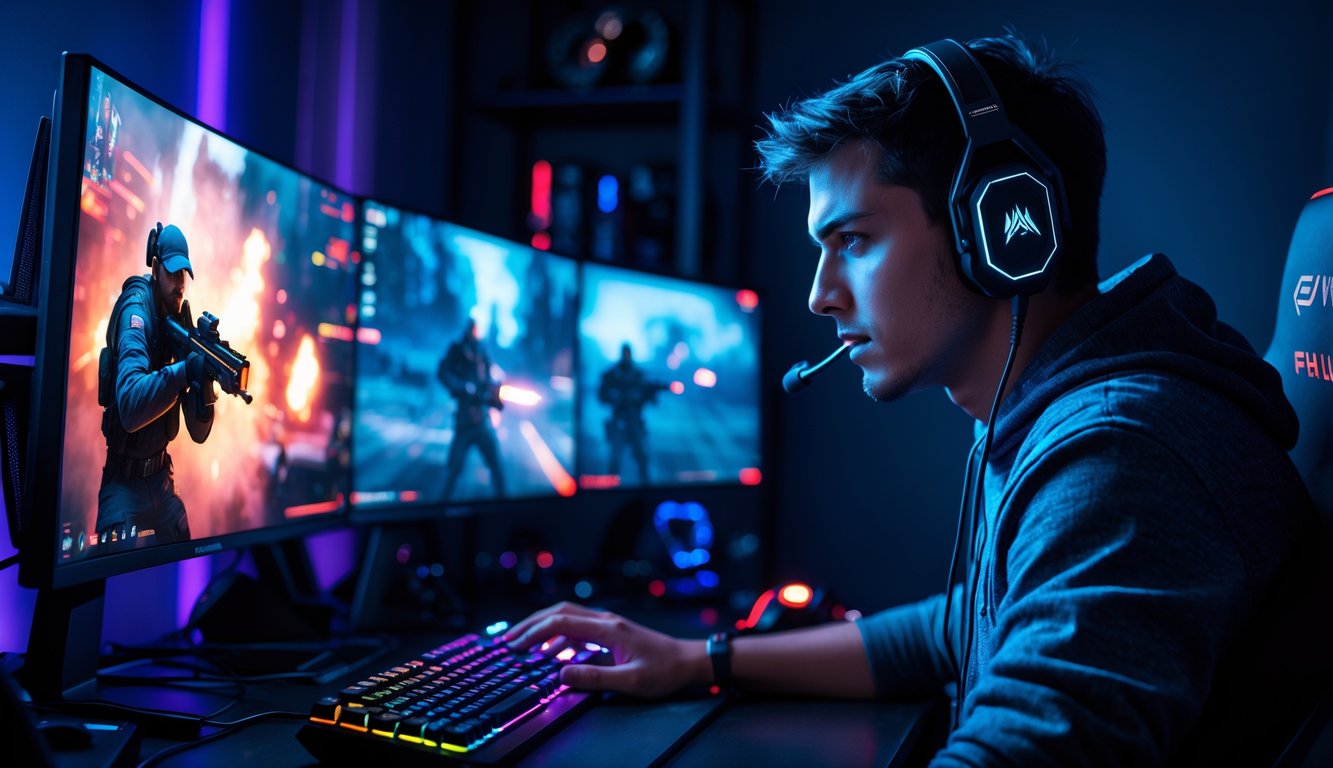 Seorang gamer muda sedang bermain game FPS dengan fokus di depan layar komputer dalam ruangan dengan pencahayaan warna-warni.