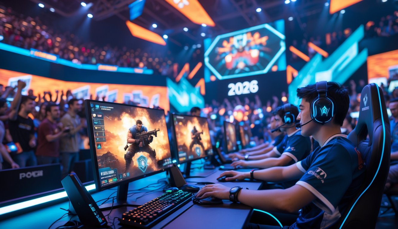 Suasana acara permainan video dengan pemain fokus dan penonton yang antusias di arena esports modern.