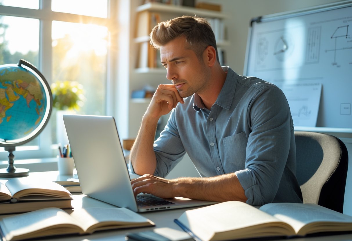 A young man sitting at a desk in a sunlit home office, working on a laptop surrounded by books and a globe.