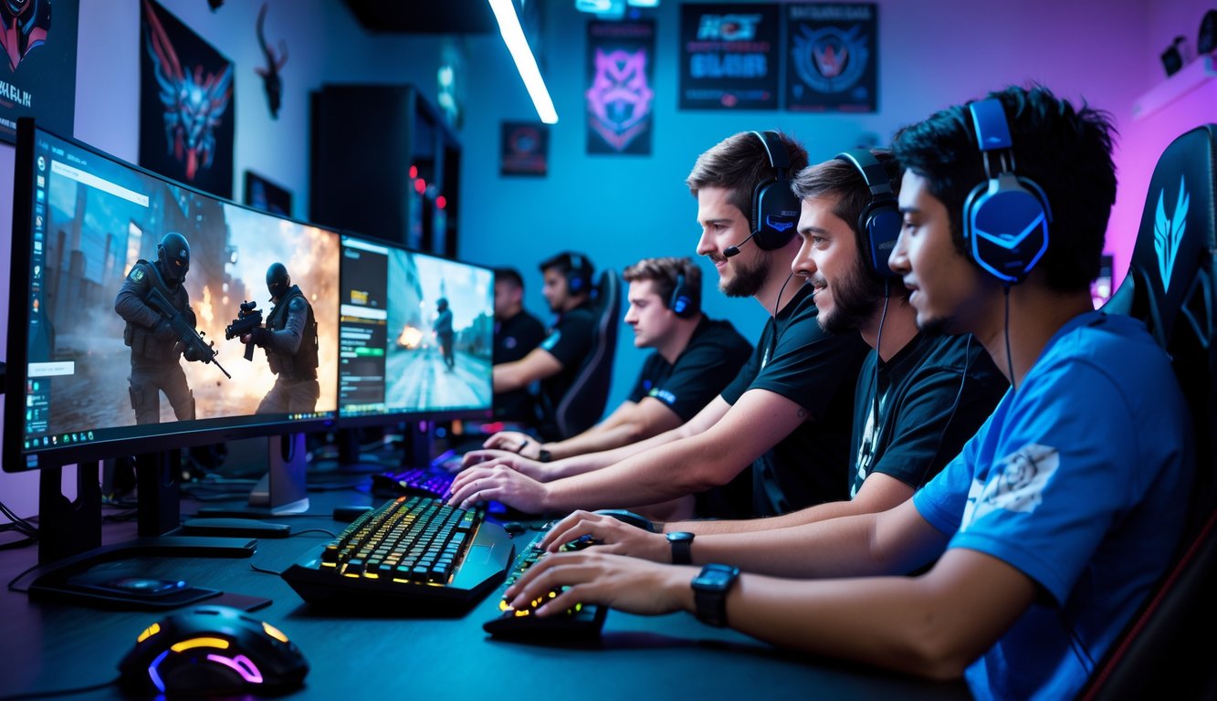 Sekelompok pemain game sedang bermain Point Blank di ruangan modern dengan komputer dan perangkat gaming, terlihat serius dan fokus.