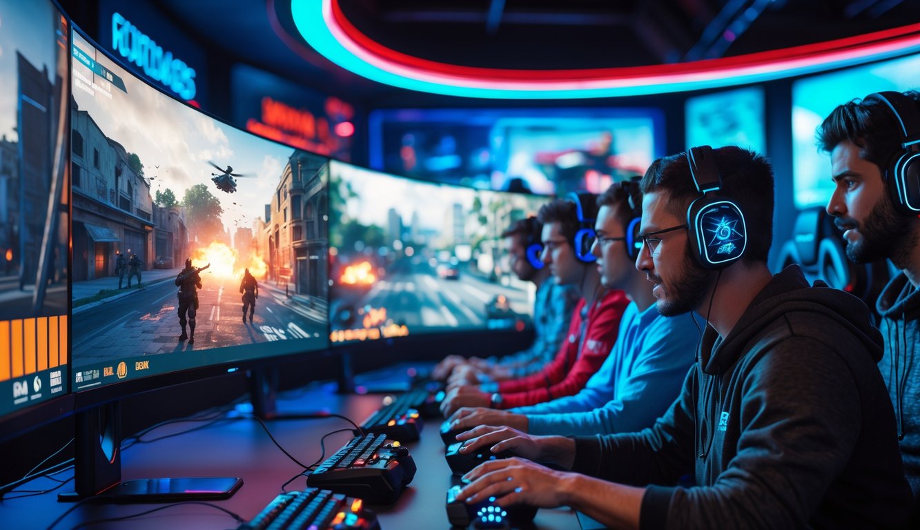 Sekelompok pemain game sedang bermain mode baru Point Blank di ruang permainan modern dengan peralatan gaming canggih.