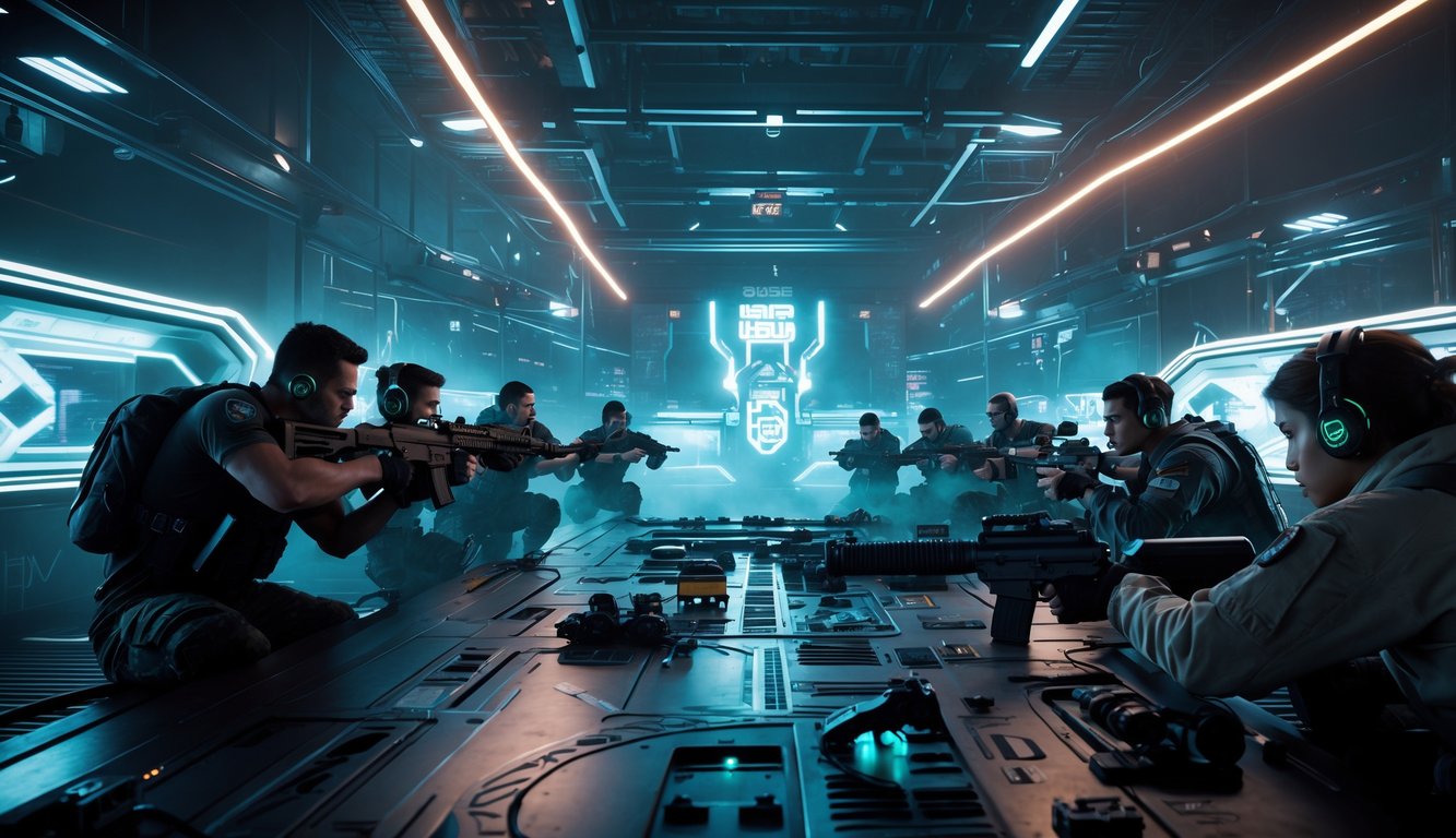 Adegan permainan tembak-menembak FPS dengan pemain yang fokus dan lingkungan pertempuran futuristik.