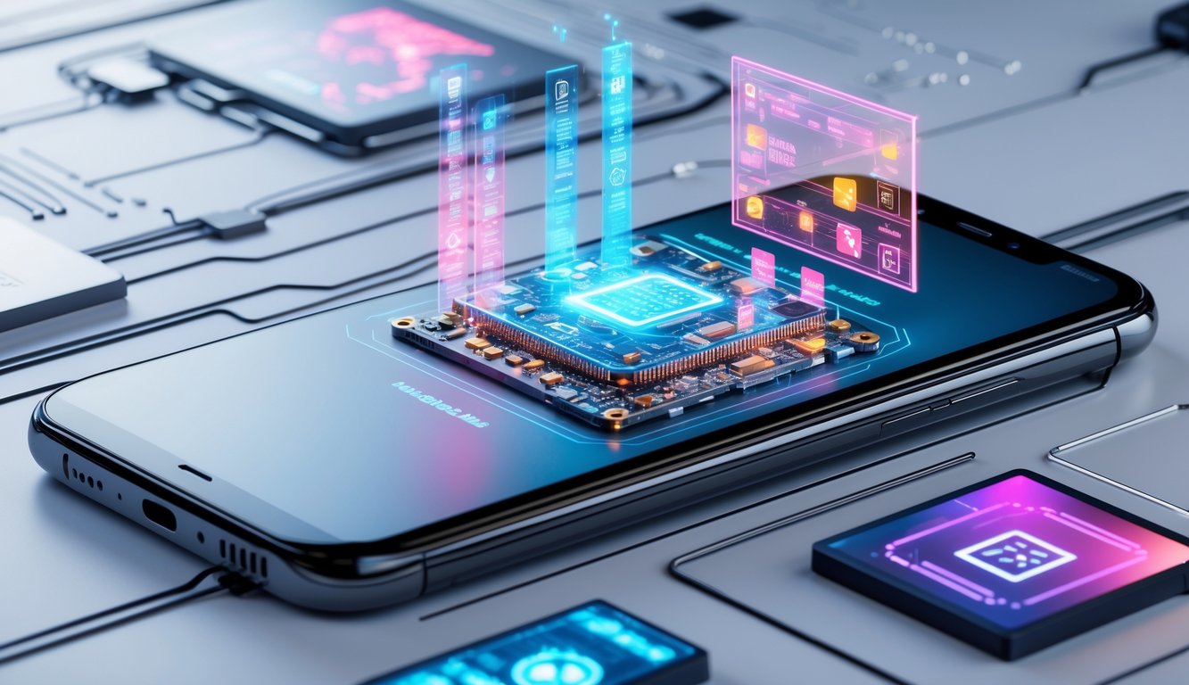 Gambar smartphone modern dengan prosesor futuristik yang menyala, dikelilingi oleh elemen holografik yang menggambarkan gaming dan multitasking berat.