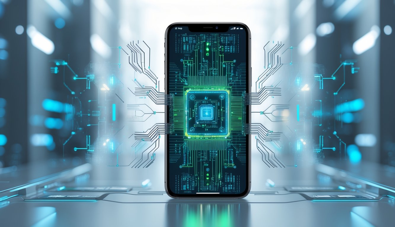 Sebuah ponsel modern dengan chip mikro futuristik dan pola jaringan saraf digital di latar belakang yang menunjukkan teknologi AI dan pembelajaran mesin.