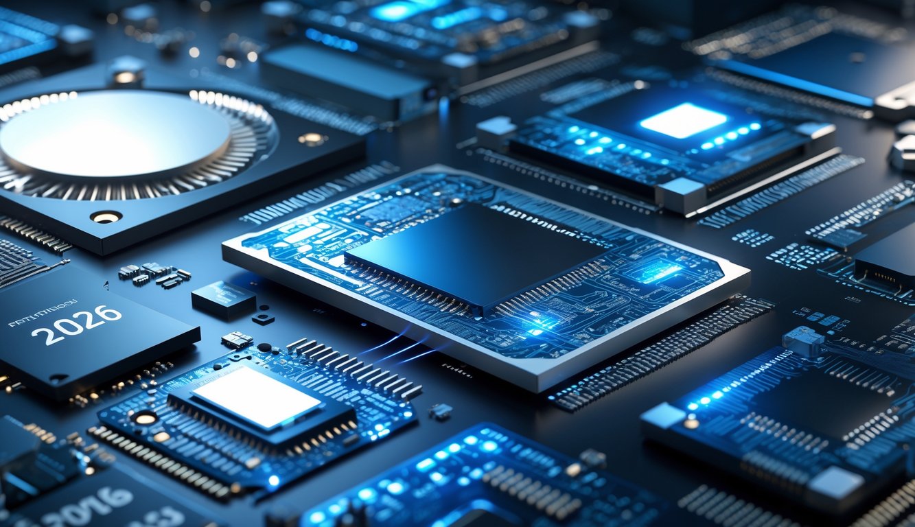 Close-up prosesor handphone dengan teknologi fabrikasi 2nm dan 3nm di laboratorium teknologi tinggi.