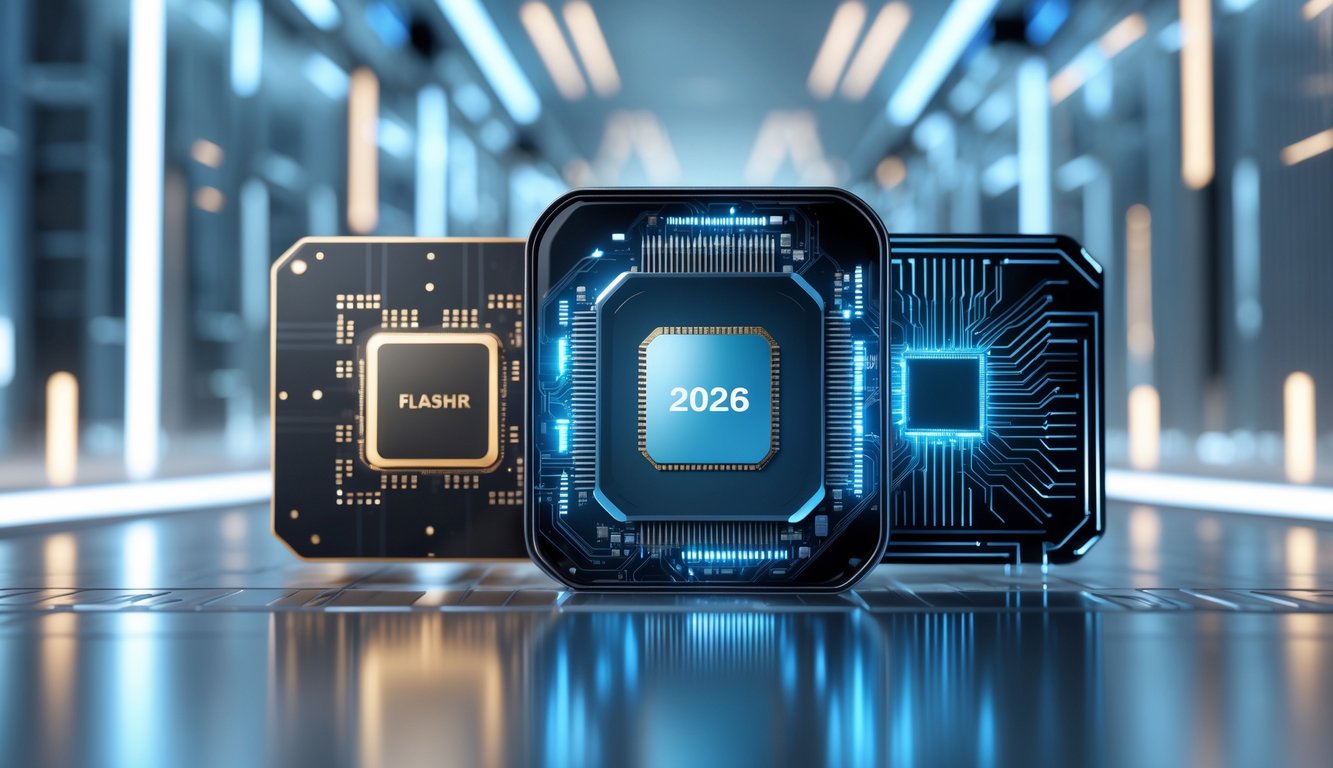 Dua chipset smartphone futuristik berdampingan dengan latar belakang teknologi tinggi dan pola sirkuit yang bercahaya.