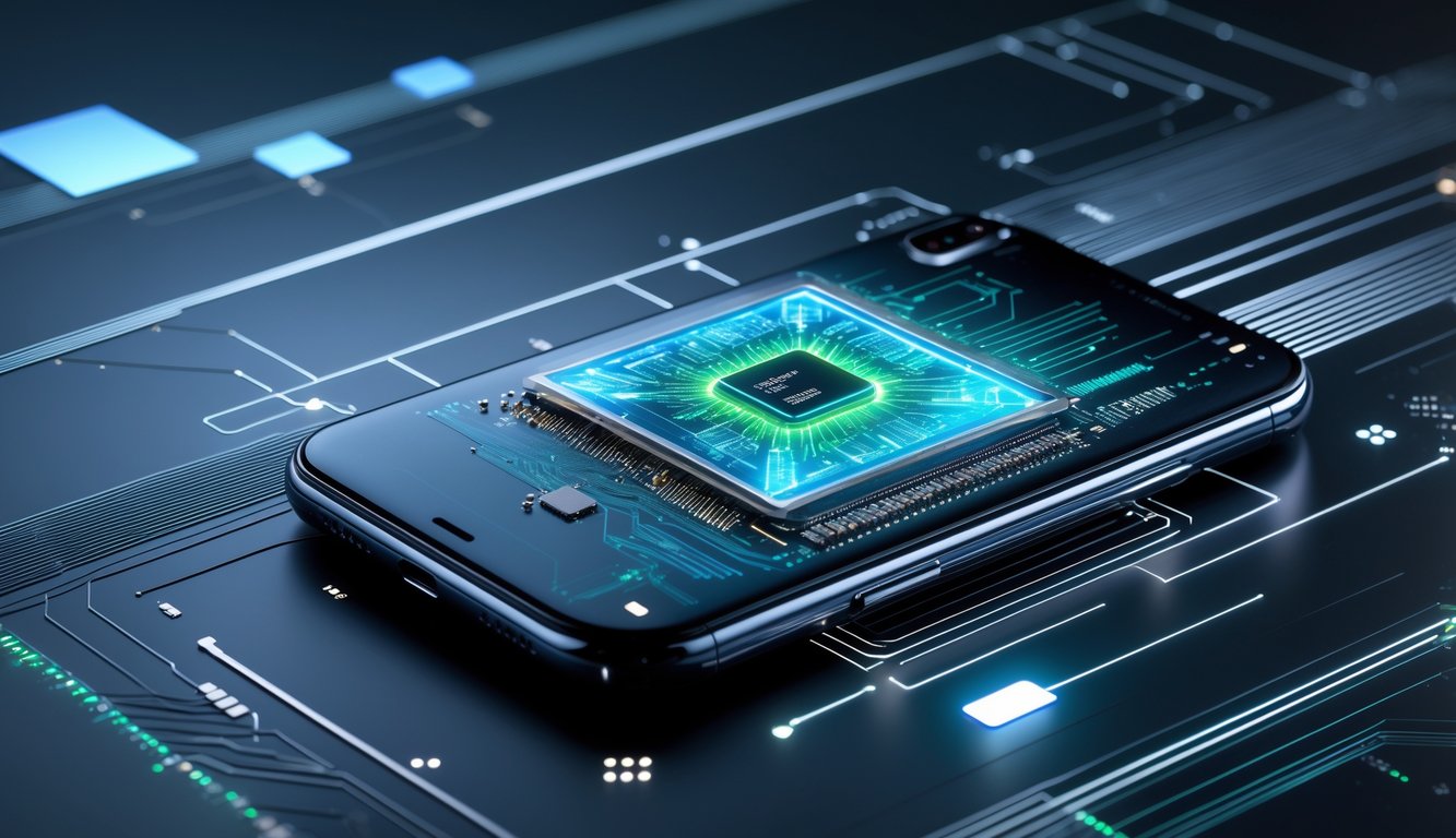Close-up sebuah ponsel modern dengan tampilan prosesor internal yang futuristik dan cahaya biru kehijauan, dikelilingi oleh elemen digital holografik dan pola sirkuit.