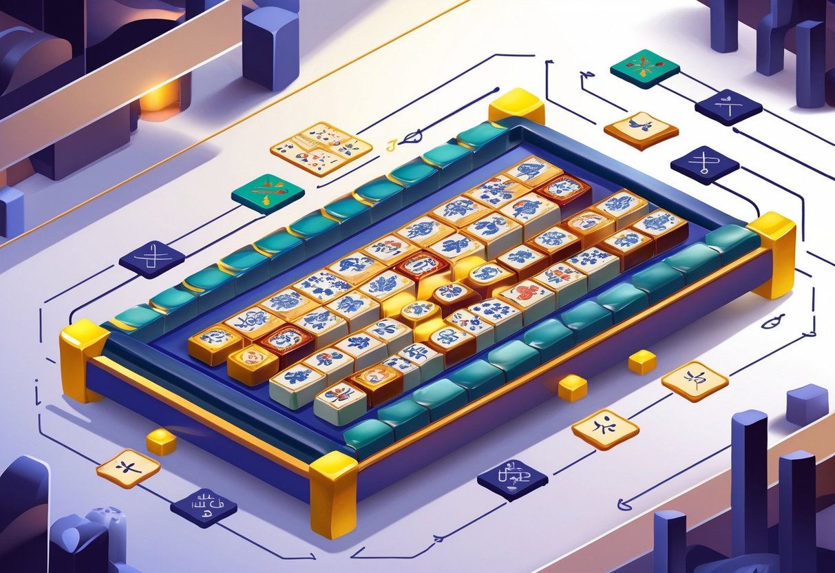 Meja Mahjong dengan ubin yang tersusun rapi menunjukkan pola dan strategi permainan.