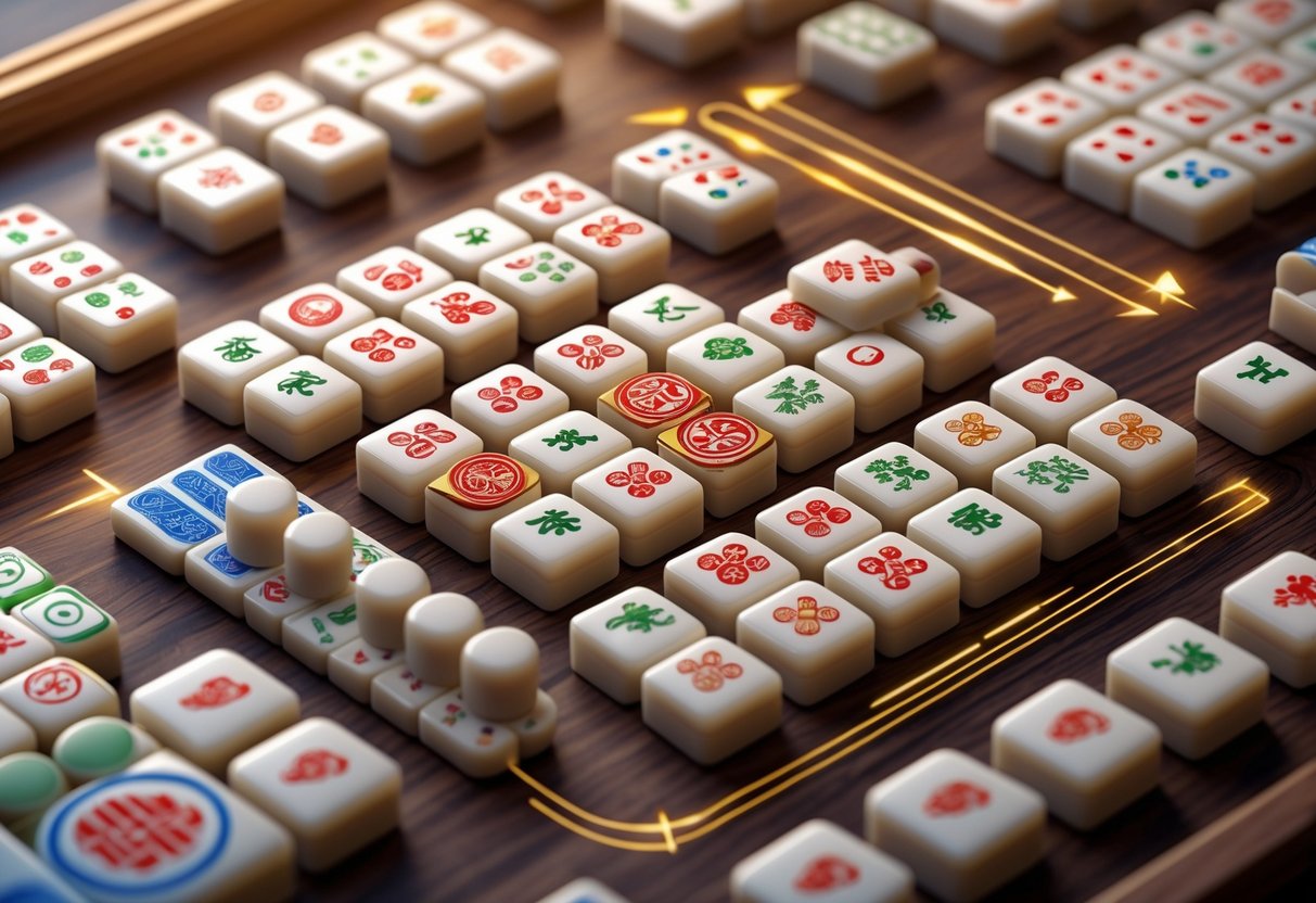 Ilustrasi close-up permainan Mahjong dengan ubin-ubin tradisional tersusun rapi di atas meja kayu, menampilkan pola dan mekanisme permainan.