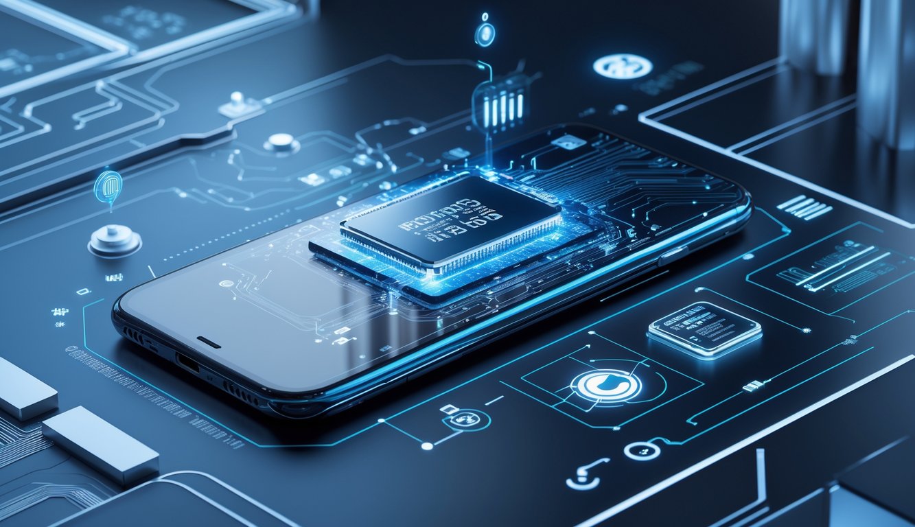 Gambar ponsel modern dengan prosesor futuristik yang menyala di dalamnya, dikelilingi oleh pola sirkuit digital dan ikon baterai.