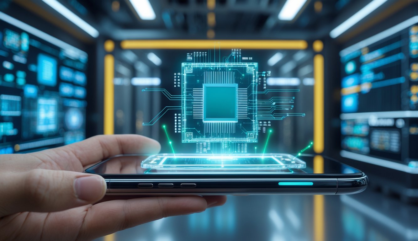 Sebuah tangan memegang smartphone futuristik dengan chip prosesor holografik mengambang di atasnya di dalam laboratorium teknologi modern.