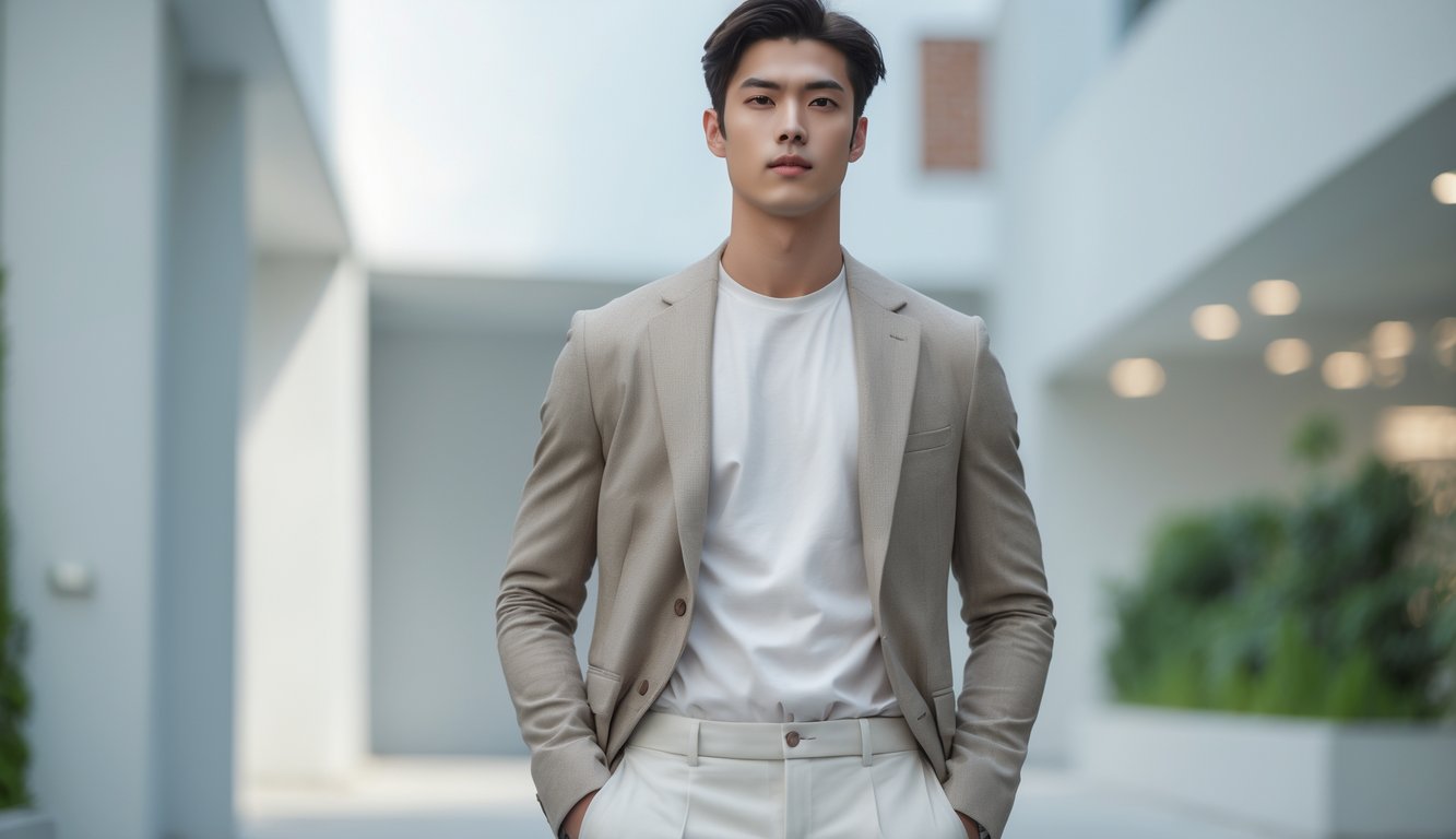 Seorang pria muda berdiri di lingkungan perkotaan mengenakan pakaian kasual yang rapi dan sederhana.