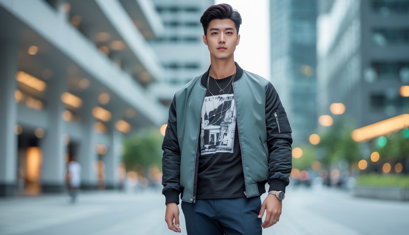 Seorang pria muda berdiri di kota dengan pakaian trendi dan modern, mengenakan jaket bomber, kaos grafis, celana ramping, dan sepatu putih.