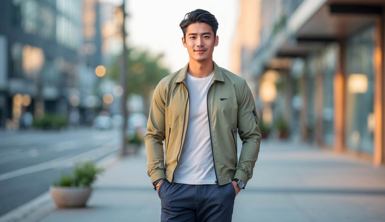 Seorang pria muda berdiri di luar ruangan di lingkungan kota dengan pakaian kasual dan santai, mengenakan jaket ringan, kaos, celana ramping, dan sepatu kets bersih.
