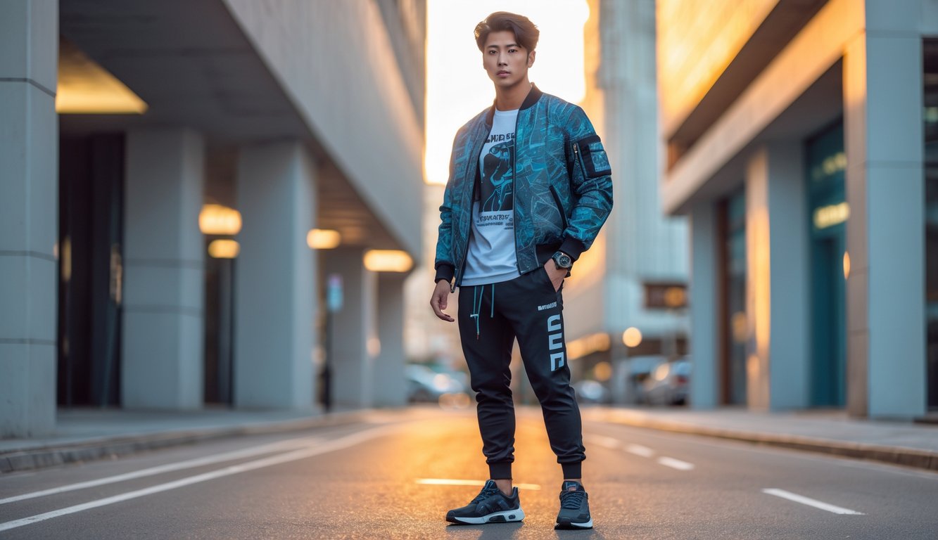 Seorang pria muda berdiri di jalan kota dengan pakaian kasual modern, latar belakang arsitektur perkotaan.
