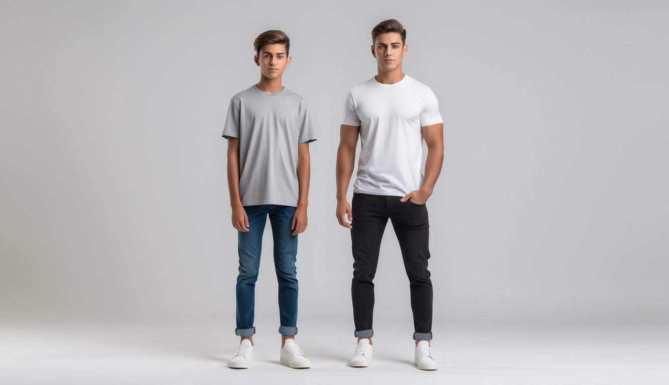 Dua pria, satu remaja dan satu dewasa, berdiri berdampingan mengenakan pakaian kasual sederhana dengan latar belakang polos.