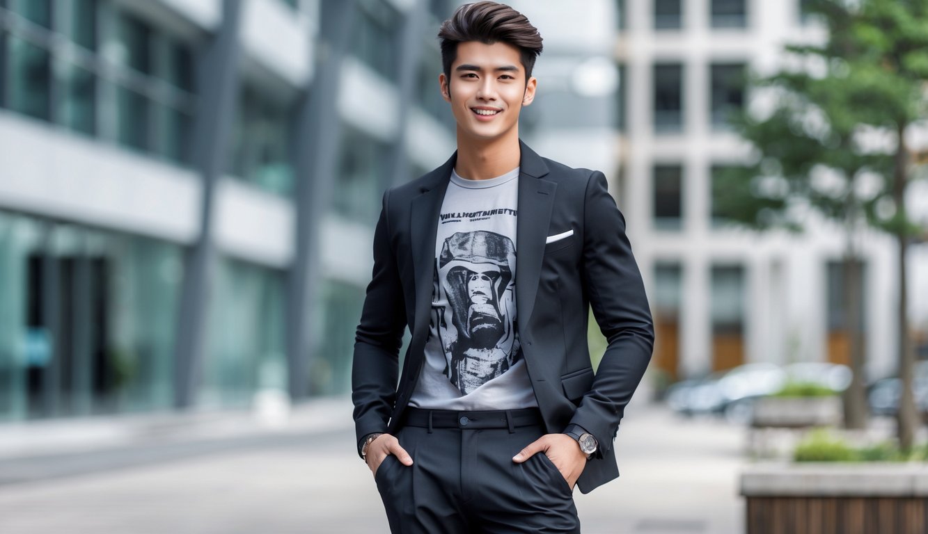 Seorang pria muda berdiri di luar ruangan dengan latar belakang gedung modern, mengenakan pakaian modis dan tersenyum percaya diri.