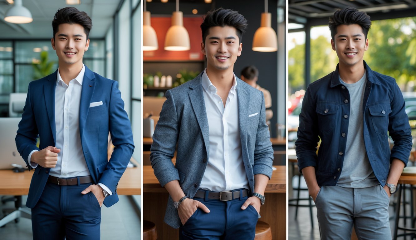 Seorang pria muda mengenakan pakaian berbeda untuk bekerja, bersantai di kafe, dan acara santai di taman.