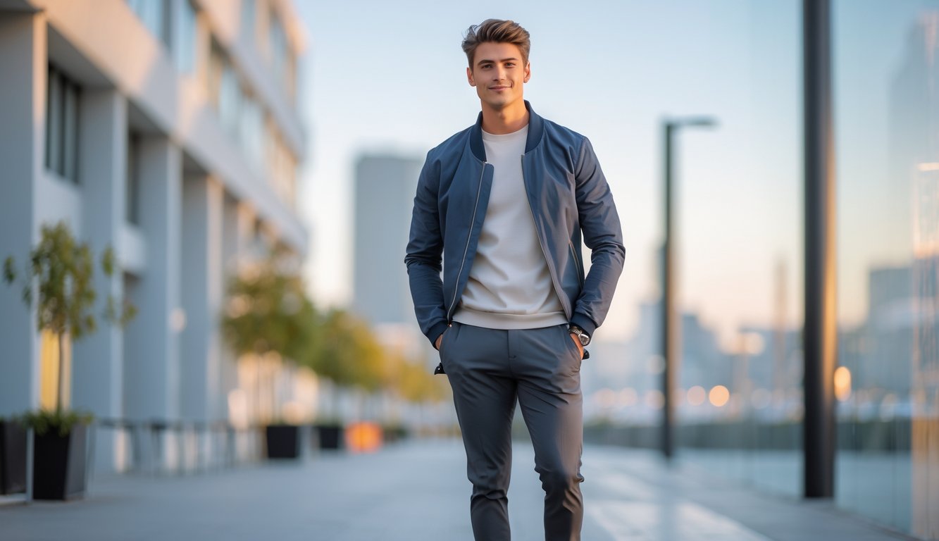 Seorang pria muda berdiri di area perkotaan dengan pakaian kasual yang nyaman dan modis.