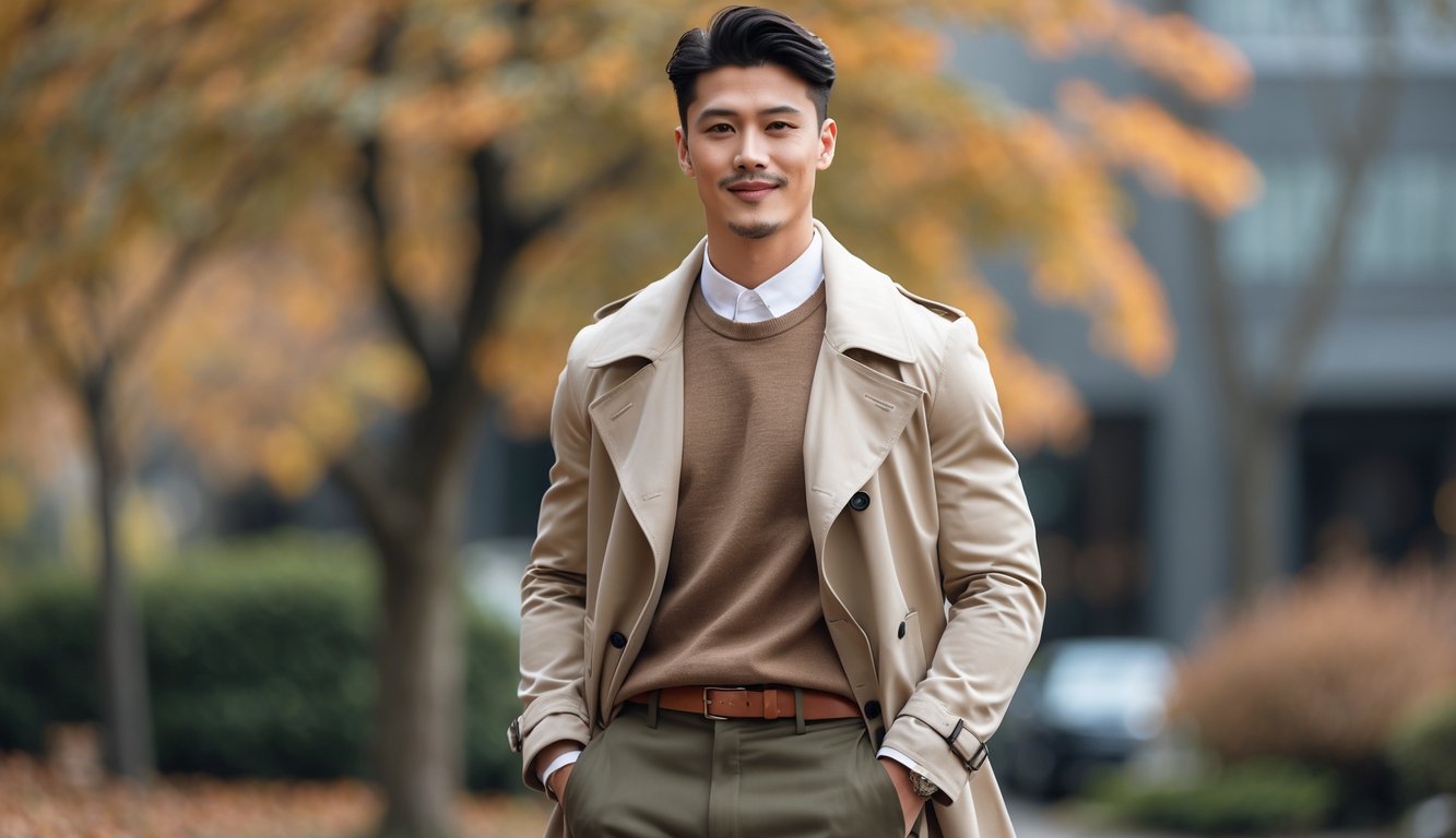 Seorang pria berdiri di luar ruangan mengenakan pakaian berwarna netral dan earth tone dengan latar belakang dedaunan musim gugur.