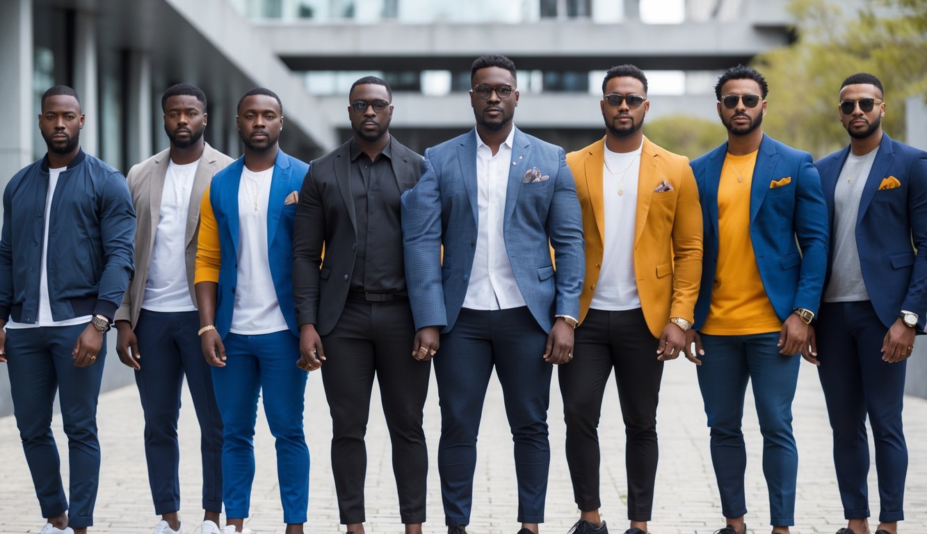 Beberapa pria berdiri di luar ruangan dengan latar arsitektur modern, mengenakan pakaian modis yang sesuai untuk berbagai bentuk tubuh.