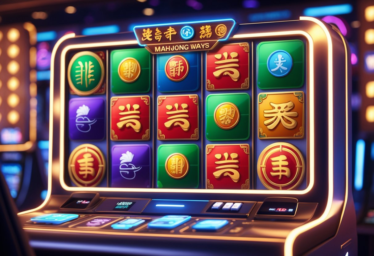Ilustrasi mesin slot modern dengan ubin Mahjong berwarna-warni dan latar belakang suasana kasino yang cerah dan dinamis.