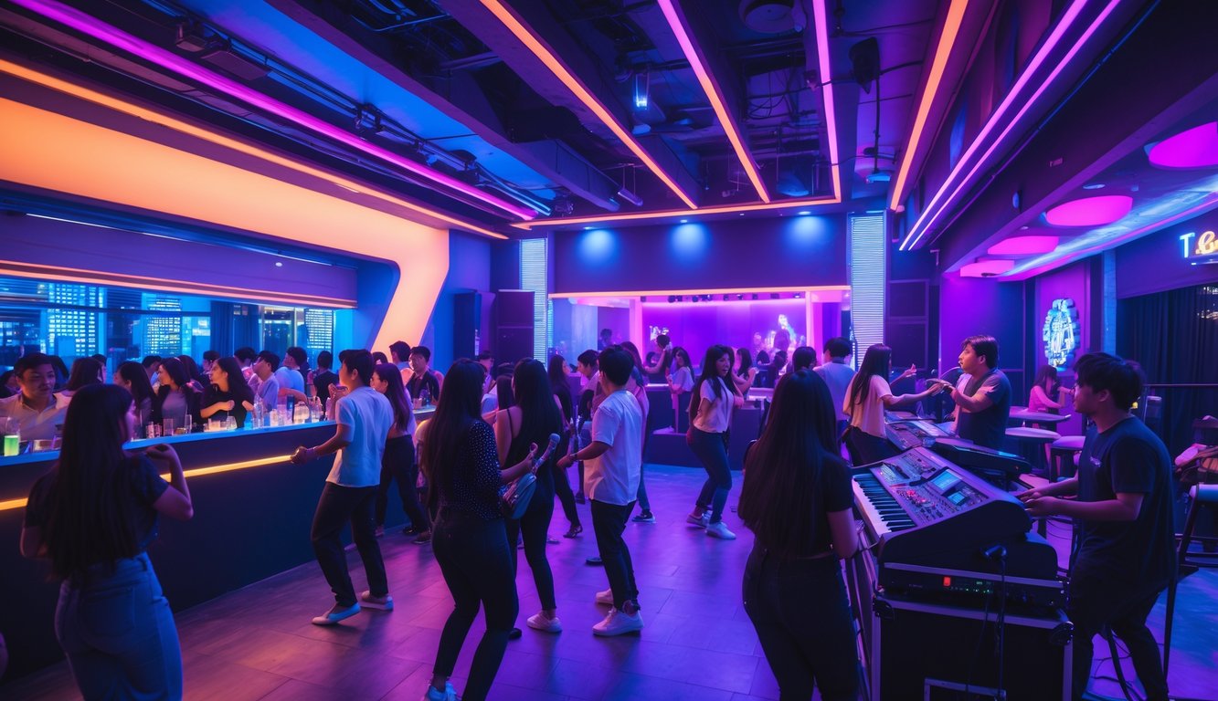 Suasana malam di klub malam Indonesia dengan anak muda yang sedang menikmati musik live dan menari di dalam ruangan yang penuh lampu warna-warni.