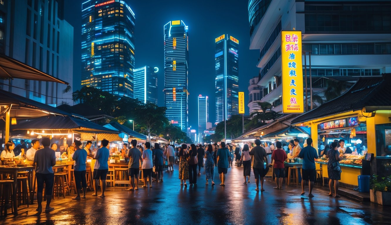 Pemandangan malam kota besar di Indonesia dengan orang-orang menikmati hiburan malam di jalan yang ramai dan lampu warna-warni.