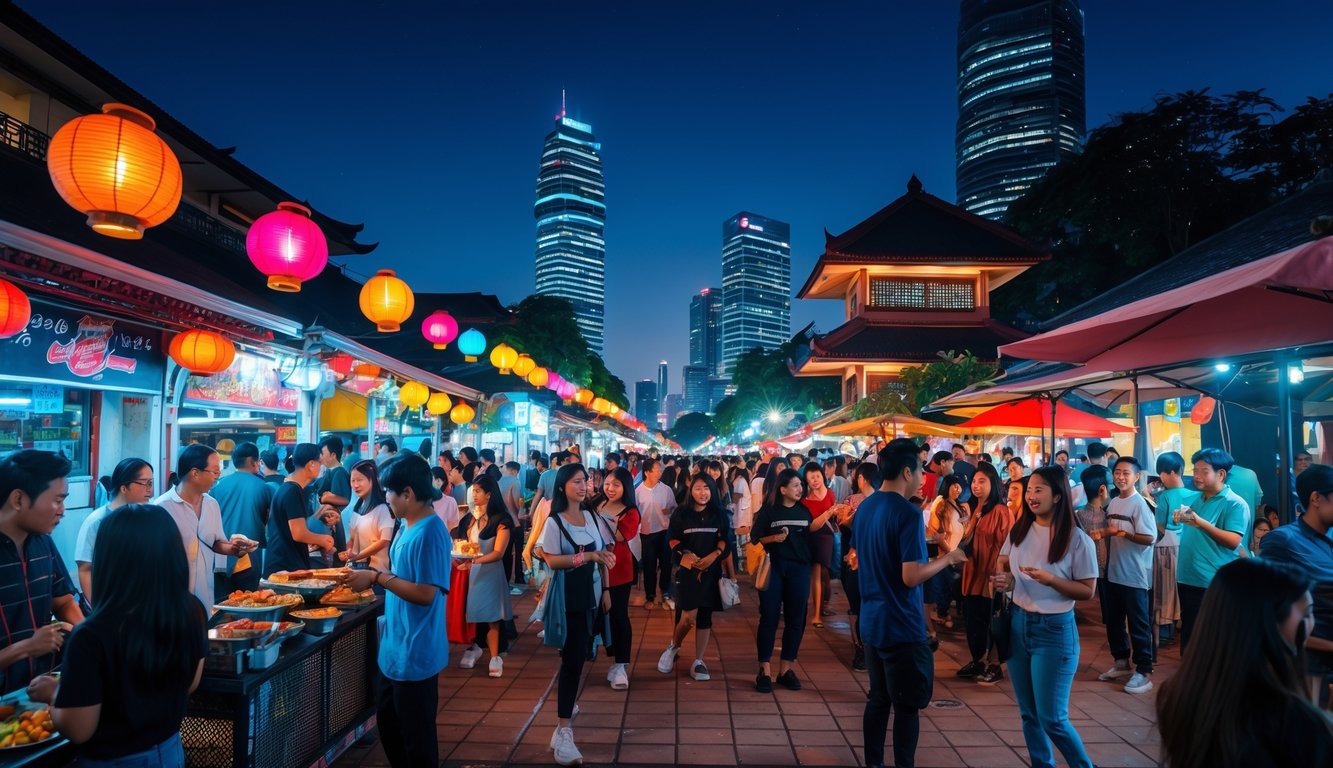 Suasana malam yang ramai di Indonesia dengan pasar malam, lampu warna-warni, orang-orang menikmati makanan dan hiburan di jalan.