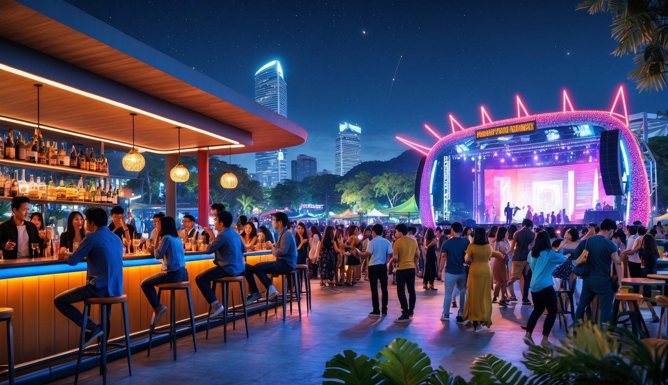 Suasana malam di Indonesia dengan bar modern dan festival musik outdoor yang ramai dengan orang-orang menikmati hiburan.