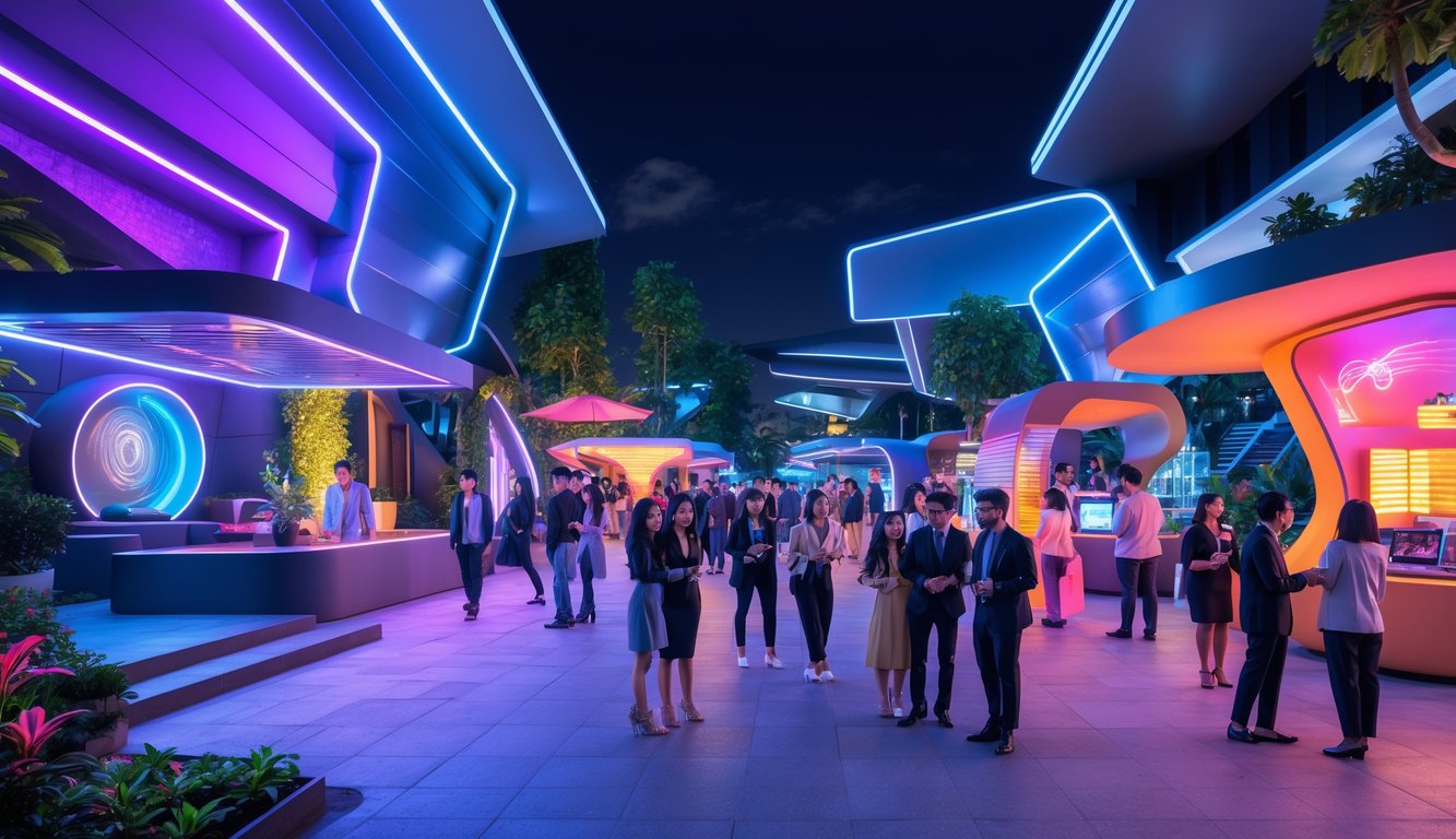 Suasana malam hari di area hiburan Indonesia dengan orang-orang menikmati musik, seni digital, dan makanan di lingkungan modern dan penuh warna.
