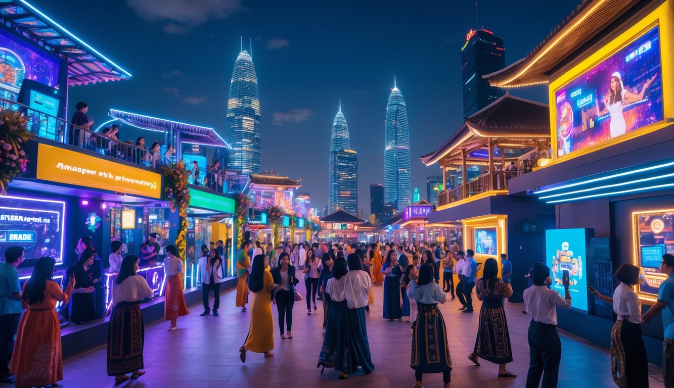 Suasana malam yang ramai di kawasan hiburan Indonesia dengan orang-orang menikmati teknologi modern dan pertunjukan langsung.