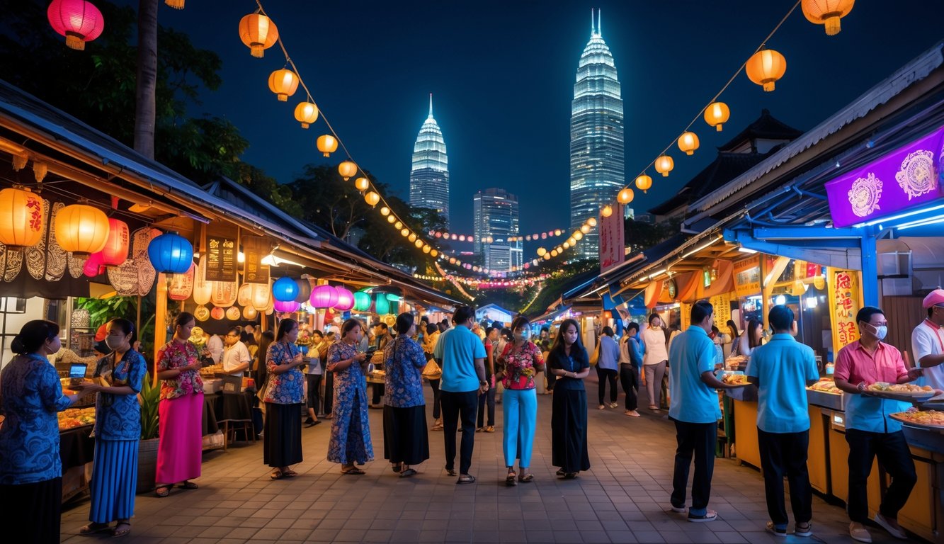 Suasana malam yang ramai di Indonesia dengan orang-orang menikmati hiburan dan makanan di pasar malam yang dihiasi lampu warna-warni dan dekorasi tradisional serta bangunan modern di latar belakang.