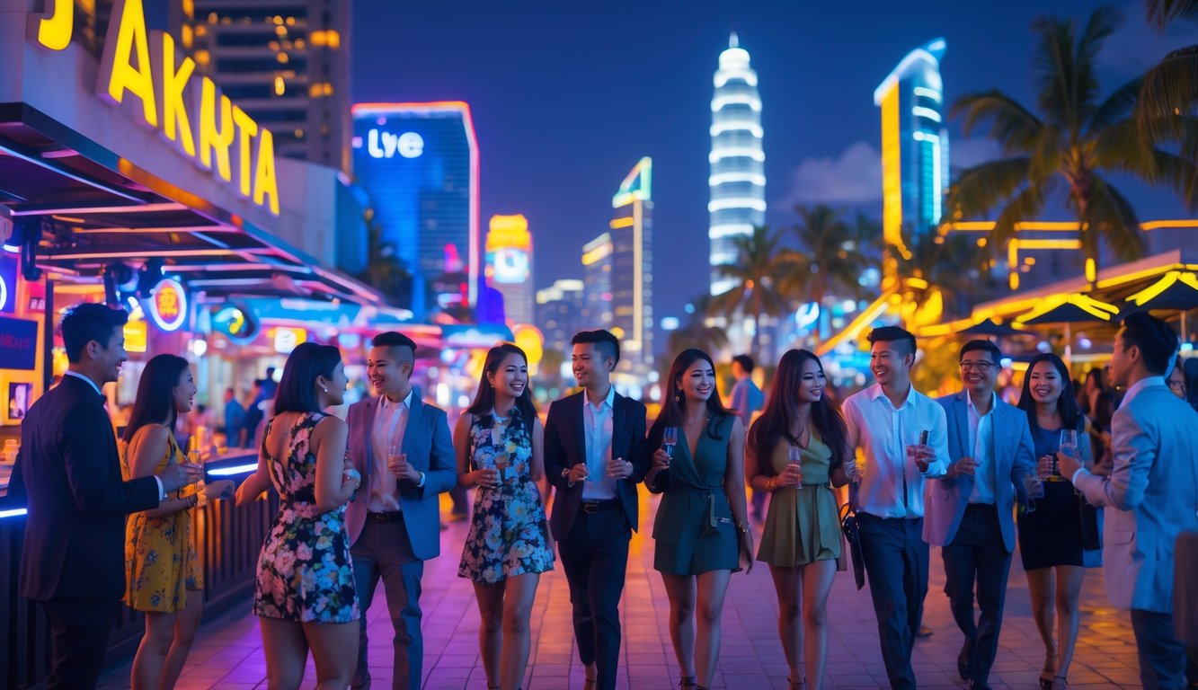 Pemandangan malam yang ramai dengan orang-orang menikmati hiburan di kota Jakarta, Bali, dan Surabaya.