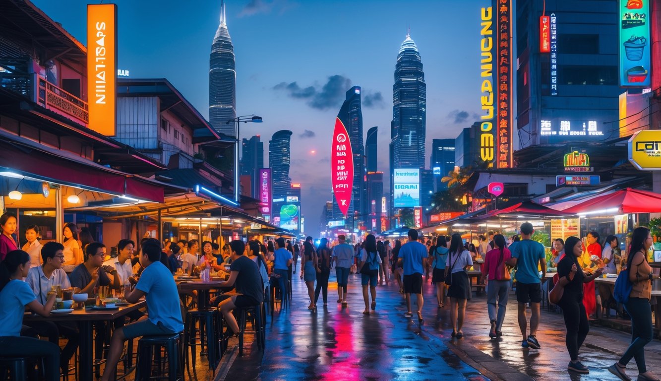 Pemandangan malam kota modern di Indonesia dengan orang-orang menikmati hiburan dan suasana ramai di jalanan yang terang benderang.