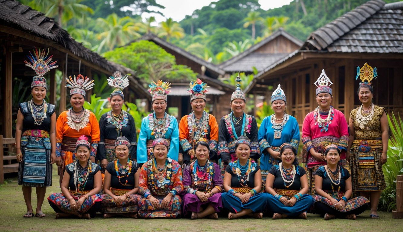 Sekelompok orang Indonesia mengenakan pakaian tradisional dari berbagai suku Nusantara berkumpul di luar ruangan dengan latar belakang rumah kayu tradisional dan pepohonan hijau.