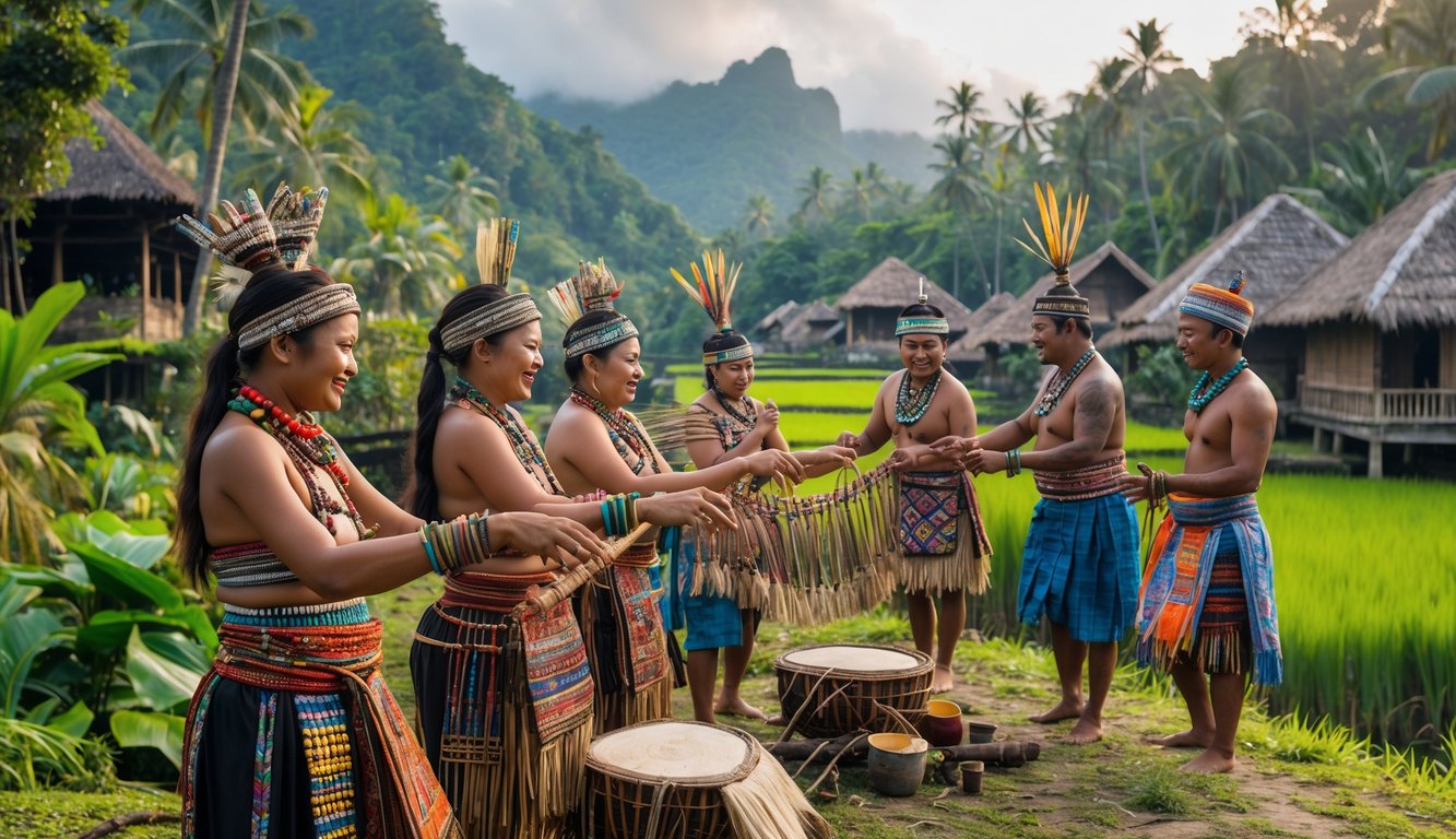 Sekelompok orang Indonesia mengenakan pakaian adat tradisional dari berbagai suku Nusantara, berdiri di depan pemandangan alam tropis dan rumah tradisional.