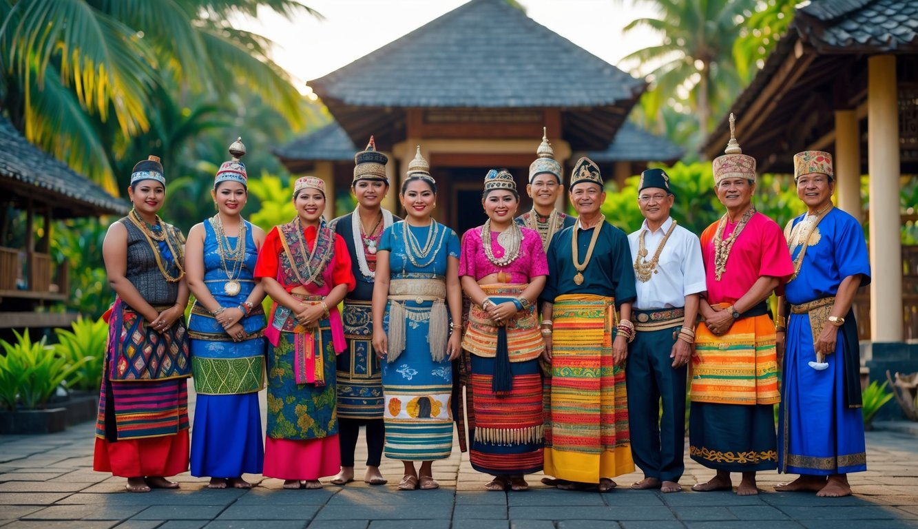 Sekelompok orang Indonesia mengenakan pakaian tradisional dari berbagai suku Nusantara berdiri bersama di luar ruangan dengan latar belakang arsitektur tradisional dan pepohonan tropis.