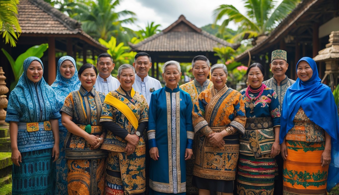 Sekelompok orang Indonesia dari berbagai suku mengenakan pakaian tradisional di luar ruangan dengan latar belakang rumah adat dan tanaman tropis.