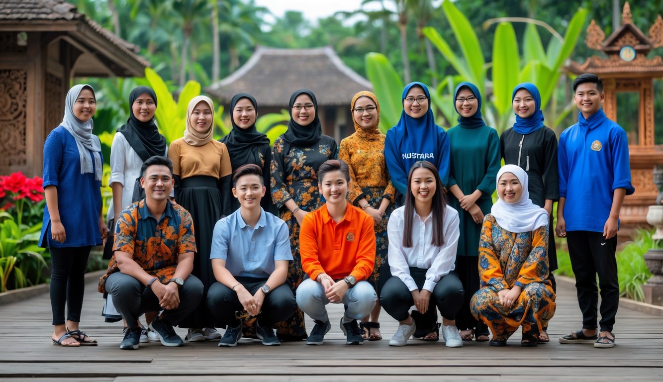 Sekelompok anak muda dari berbagai suku Nusantara sedang berkumpul di luar ruangan dengan latar belakang alam dan elemen budaya tradisional Indonesia.