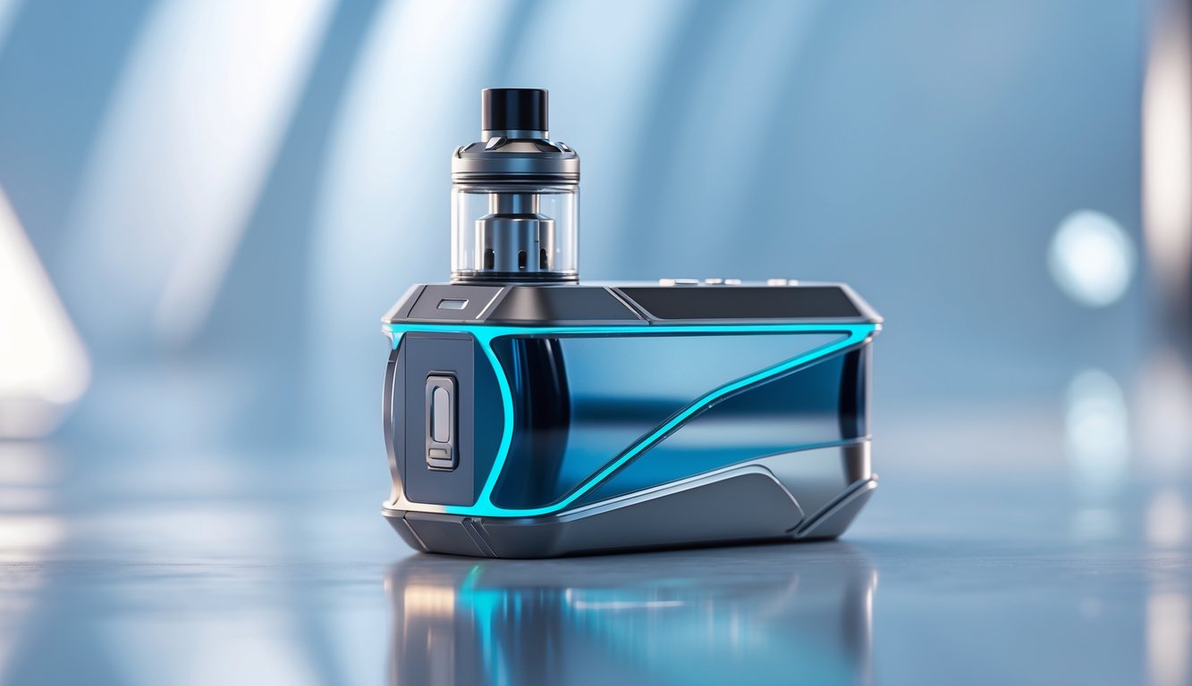 Perangkat vape modern dengan desain futuristik dan teknologi canggih di atas permukaan bersih.