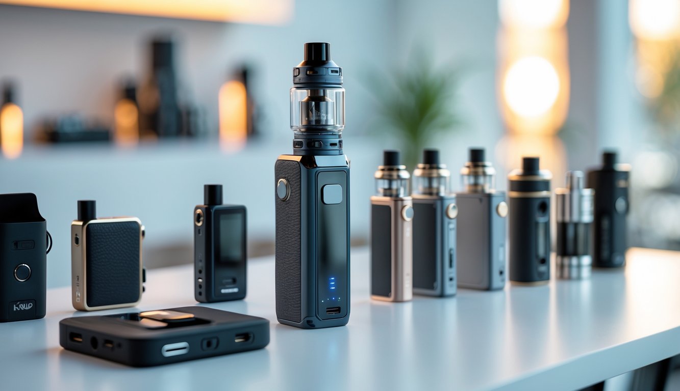 Beberapa perangkat vape modern dan aksesori yang tertata rapi di atas meja dengan latar belakang ruang dalam yang samar.